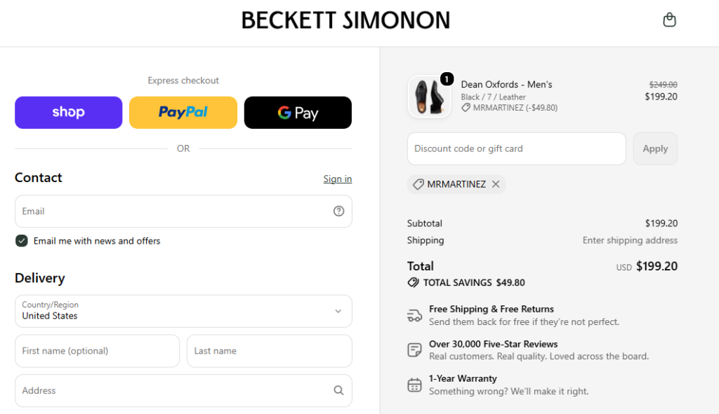 Beckett Simonon checkout with code MRMARTINEZ applied: $249.00 subtotal, $49.80 discount, $199.20 total