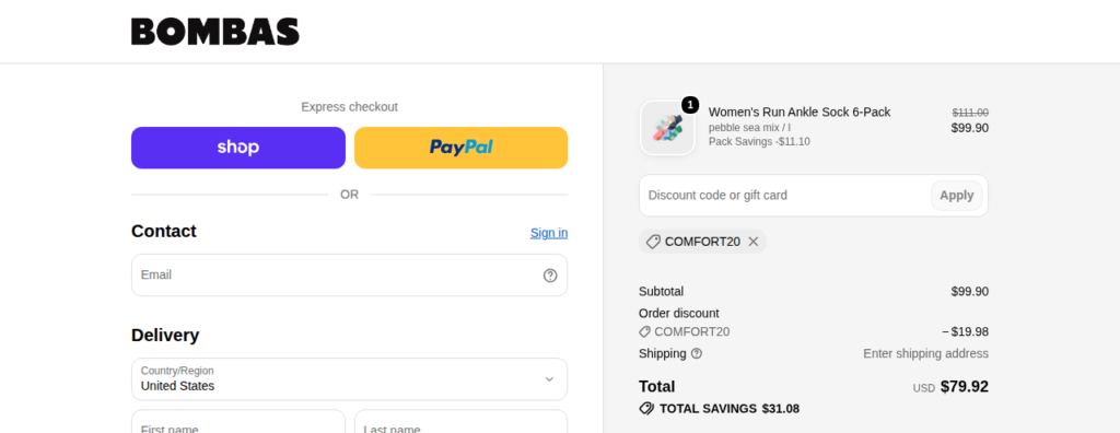 Bombas checkout test, step 1: Real cart, real checkout