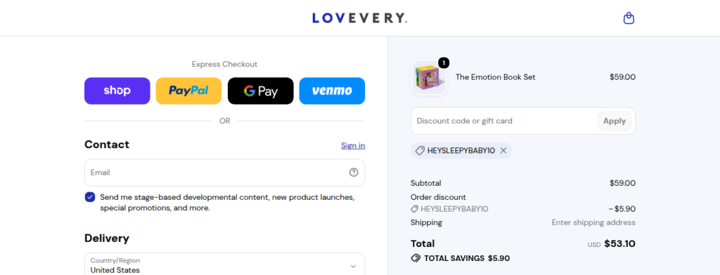 Lovevery checkout test, step 1: Real cart, real checkout